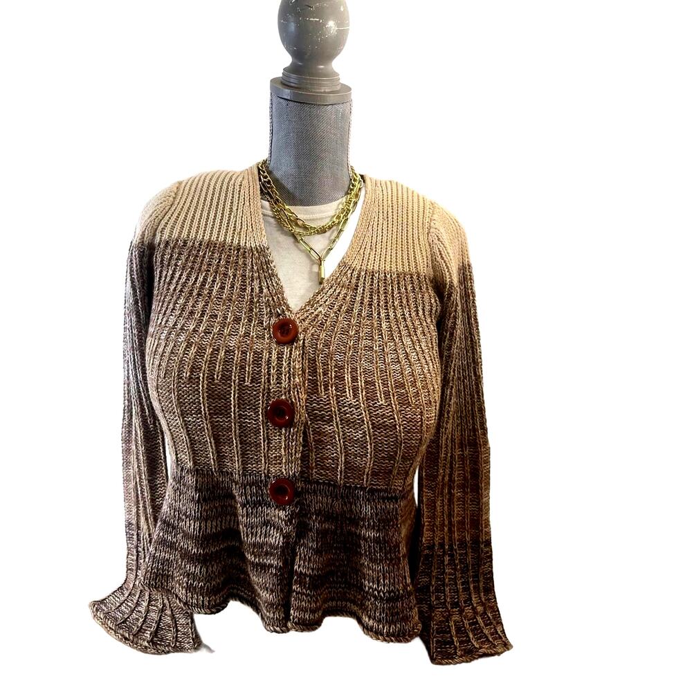 BCBG Max Azria Womens Sweater Blouse Size M Gray Brown 100% Cotton Big Button Kn